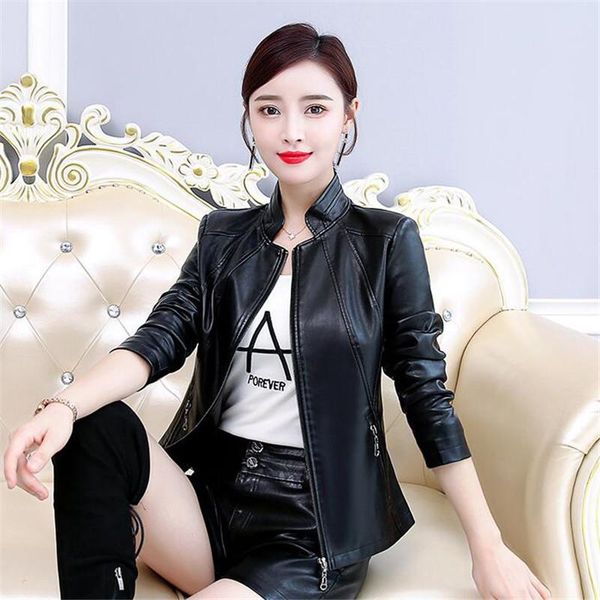 

women's leather & faux jacket slim was thin short stand collar women coat large size m-5xl, Black