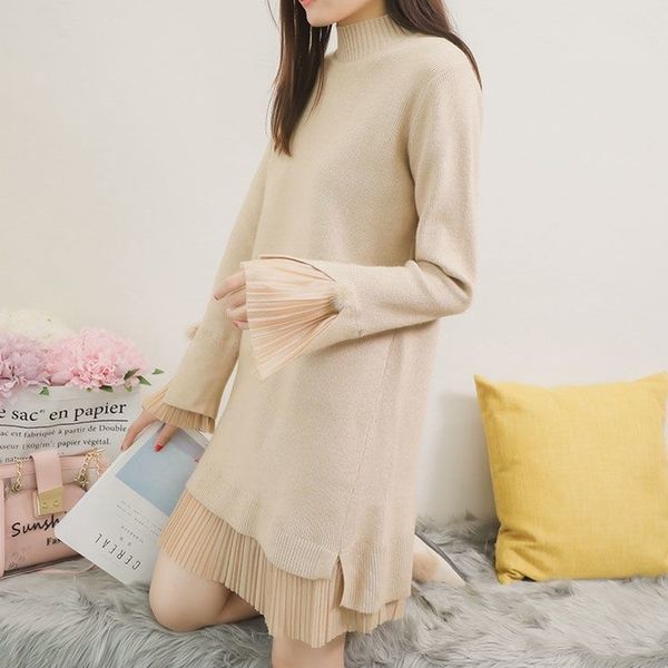

fake two knitted dress female autumn winter flared sleeves casual loose pleated dresses women chiffon stitching turtle-neck 201110, Black;gray