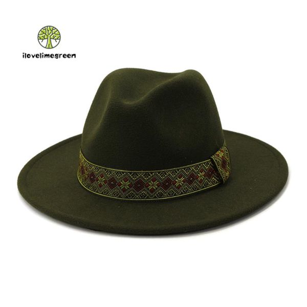 

осень зимняя партия шерстяной войлока федора шляпа с широким краями широко пояс женщины мужчины элегантные синие белые черные красные шляпа, Blue;gray