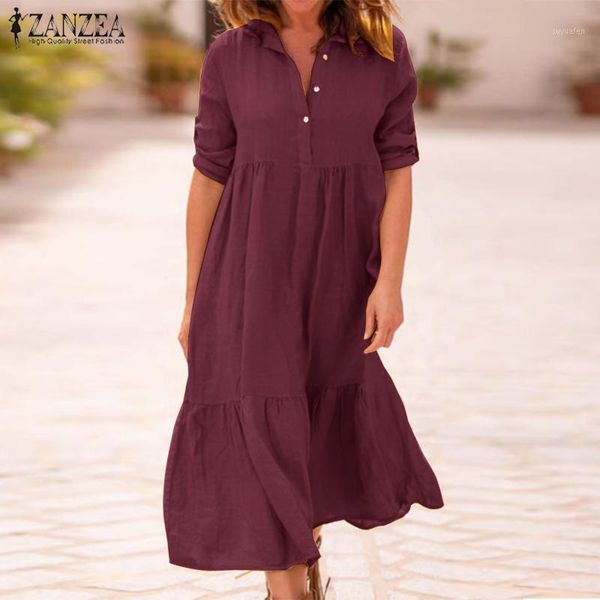 

zanzea women lapel neck cotton linen shirt dress autumn long sleeve casual solid work sundress robe femme 5xl vestido ladies1, Black;gray