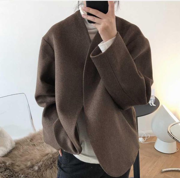 

obrix retro design wool female coat stylish light warm solid color short jacket for women1, Black;brown