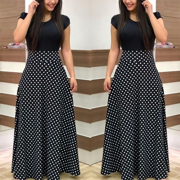 

women vintage maxi long dress women's ladies short sleeve splicing wave point party dress robe femme vestidos plus size y200101, White;black