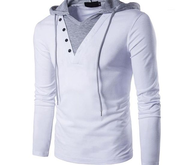 

mens long sleeve hooded designer with button t shirts slim new mens clothing fashion panelled, White;black