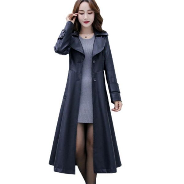 

plus size women's leather coat autumn winter pu leather coat for women overcoat slim elegant female long motor bike ladies, Black
