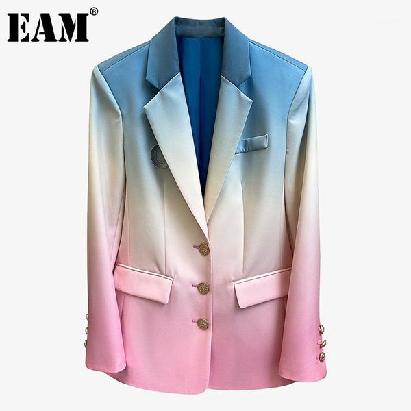 

eam] women colorful gradual color blazer new lapel long sleeve loose fit jacket fashion tide spring autumn 2020 1z5871, White;black