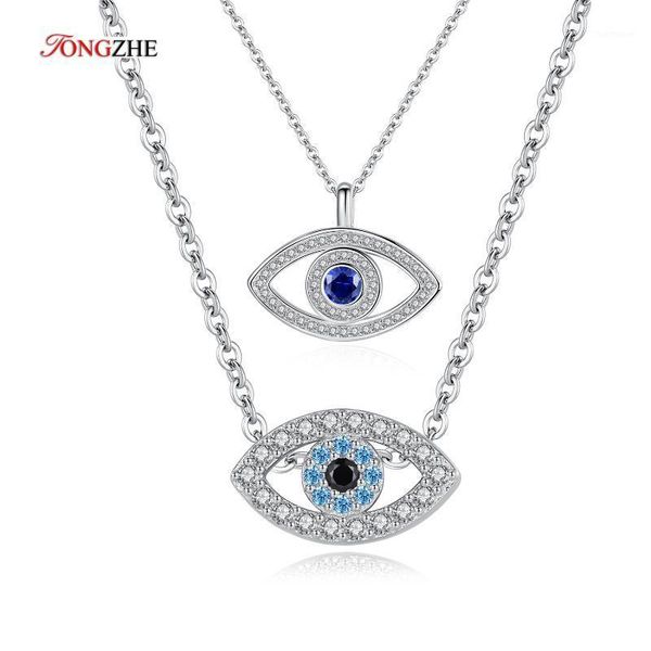 

tongzhe 925 sterling silver necklace pendant lucky evil eye blue cz long link chain turkey jewelry sapphire aquamarine necklace1