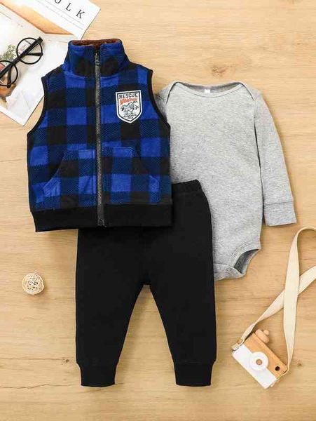 

baby boy 3pack solid bodysuit & sweatpants & gingham jacket she, White