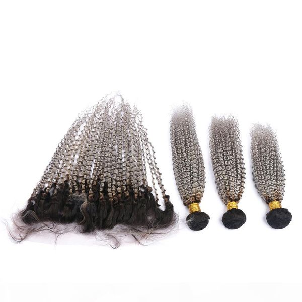 

ombre hair weaves with lace frontal closure human hair extension sliver grey ombre afro kinky lace frontal with bundles 4pcs lot, Black;brown