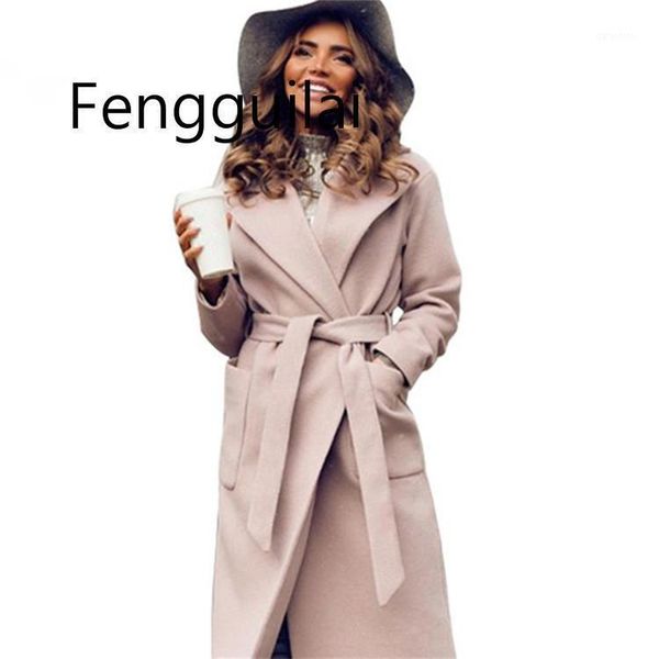 

elegant long women's coat lapel 2 pockets belted jackets solid color coats female outerwear1, Black