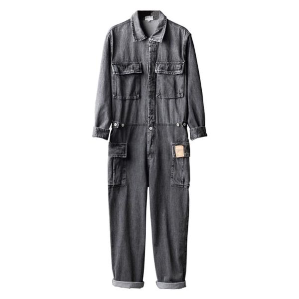 

men's long sleeve multi pockets cargo denim jumpsuits casual working coveralls overalls jeans set gray blue