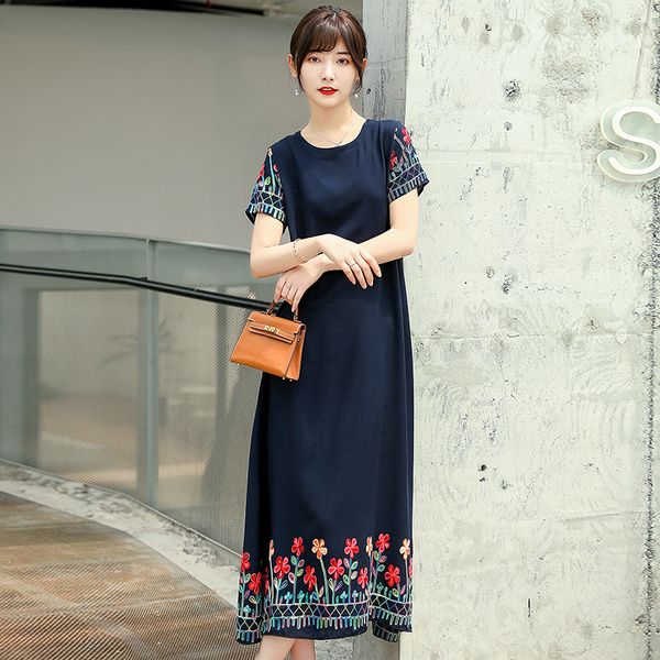 

2021 new women summer elegant long dress summer floral vintage embroidery party dress short sleeve plus size dress vestidos 3703, Black;gray