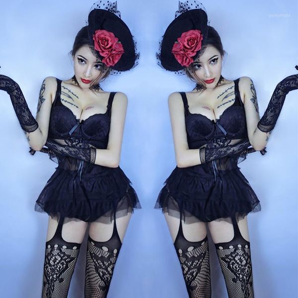 

stage wear jazz dance costume nightclub performance gogo female singer dj party outfits black lace dress suit dwy22611, Black;red