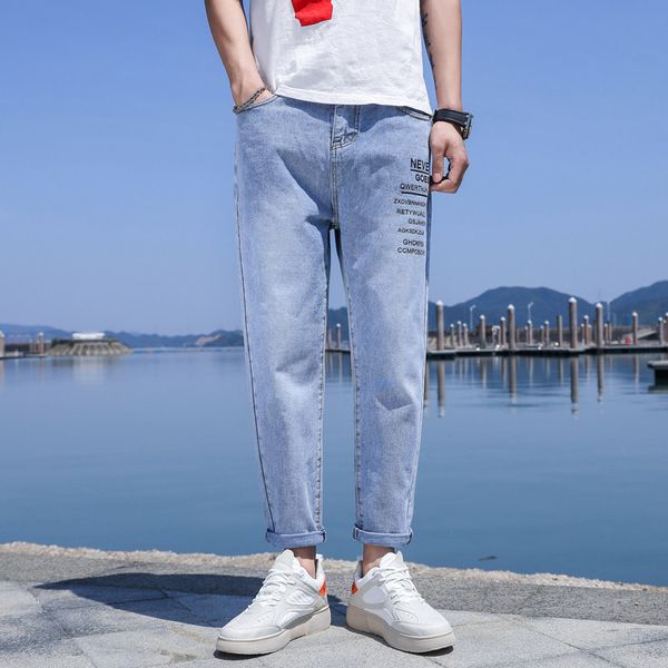 

wholesale 2021 hong kong brand summer jeans men's fashion all-match casual ankle length pants korean new slim thin harem pants h1209, Blue