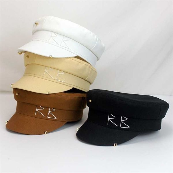 Chapéu RB bordado simples, feminino, masculino, estilo de moda de rua, chapéus sboy, boinas pretas, bonés de topo plano, boné Drop Ship 211227