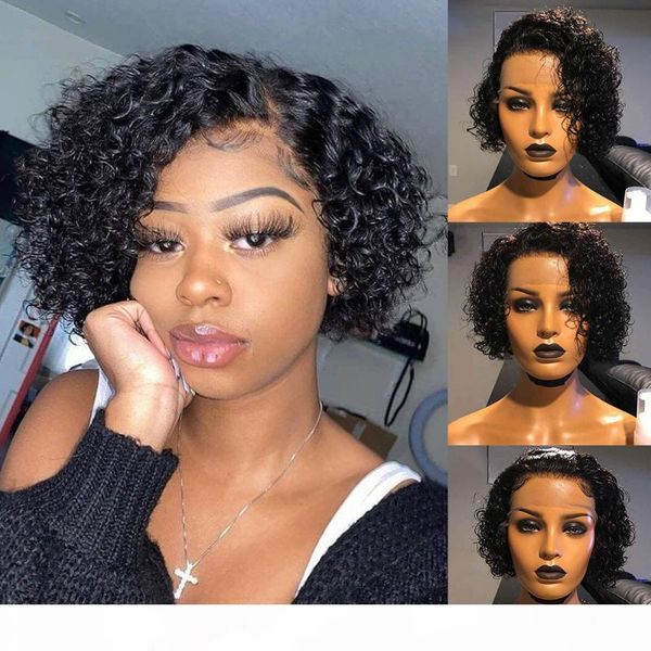 

pixie cut curly bob 360 lace front human hair wig 180% pre plucked 13x4 short curly natural black brazilian remy 4x4 closure wig, Black;brown