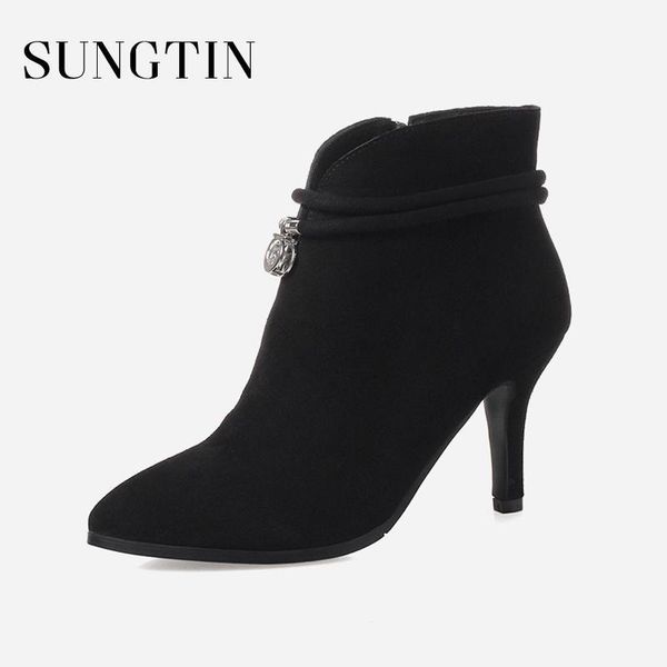 

sungtin fashion rhinestone thin high heels boots women casual all match ankle boots ladies booties with zipper short1, Black