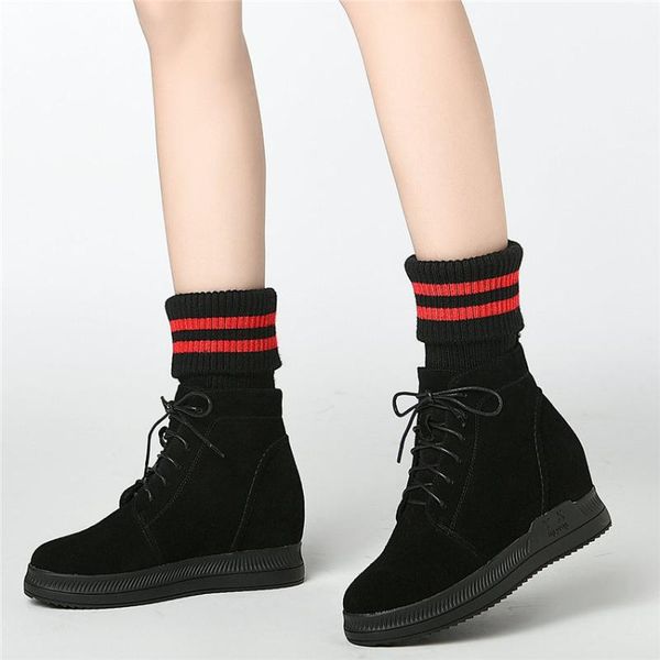 

boots goth trainers women genuine leather wedges high heel ankle winter warm platform pumps round toe knitting sneakers, Black