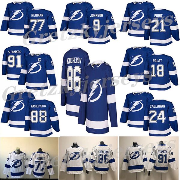 

tampa bay lightning 2018 blue white 91 steven stamkos 86 nikita kucherov 77 victor hedman 88 andrei vasilevskiy hockey jersey, Black;red