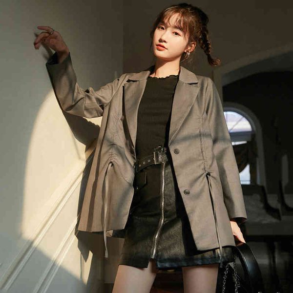 

women's suits & blazers [eam] women gray drawstring big size blazer lapel long sleeve loose fit jacket fashion spring autumn 2022 1dd05, White;black