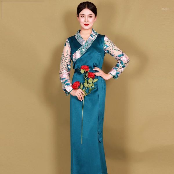 

women asia clothes tibet traditional ladies ethnic stage dance wear show costume tibetan national gown cosplay long dress1, Red