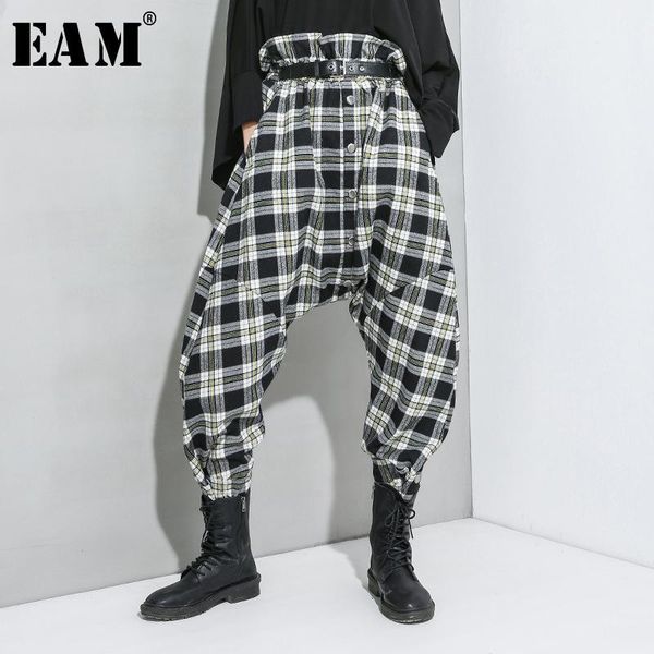 

women's pants & capris [eam] high elastic waist black plaid stitch long harem trousers loose fit women fashion tide spring autumn 2021, Black;white