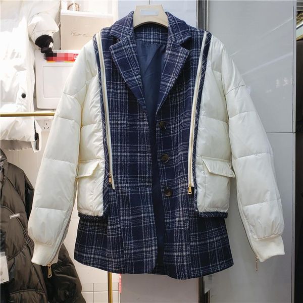 

ewq]2020 winter thickened minimalist turn down collar long-sleeved women jackets patchwork plaid cotton padded clothes 8d709, Black