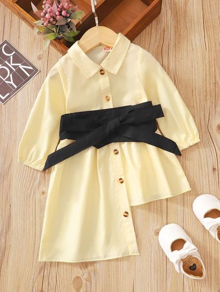 

baby button front asymmetrical hem belted shirt dress she, Red;yellow