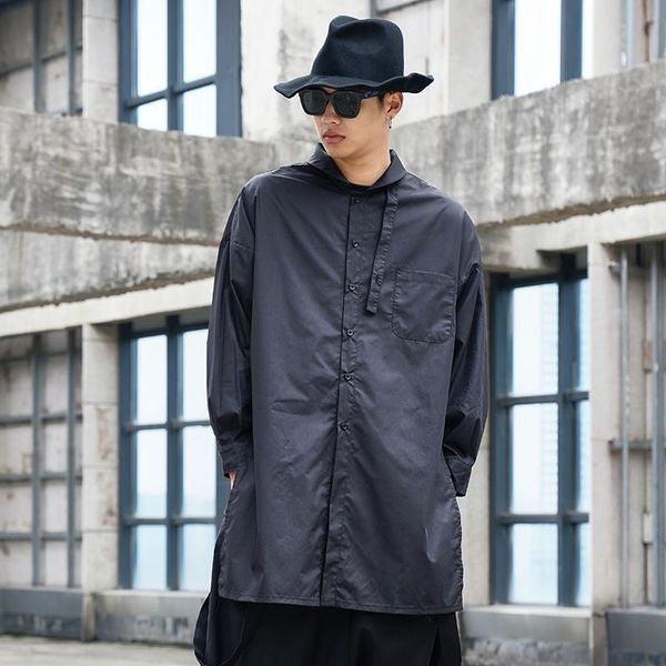 

men japan streetstyle long sleeve casual shirt male stand collar long design loose dress shirts, White;black