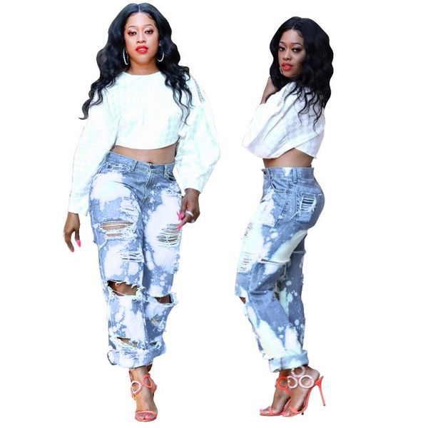 

women's jeans hsf2087 ripped fashion nostalgic white two-tone front and rear straight-leg pants, Blue