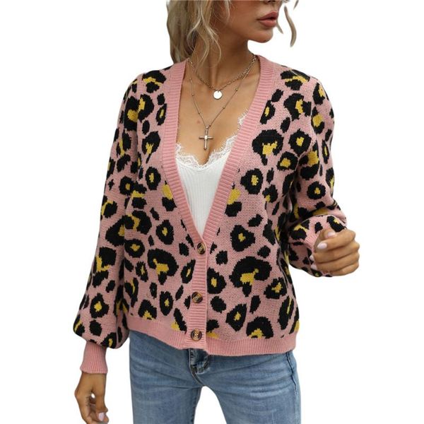 

leopard print long sleeves sweaters women deep v-neck long sleeves loose casual wear button knitted fall winter lady sweater, White