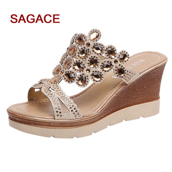 

b-2020 sagace wedges shoes women summer peep toe breathable beach sandals rhinestone slip-on wedges shoes sandals mujer t200111, Black