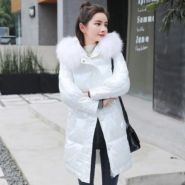 

women medium long hooded parka winter jacket new fashion gradient glossy parka fur collar coat1, Black