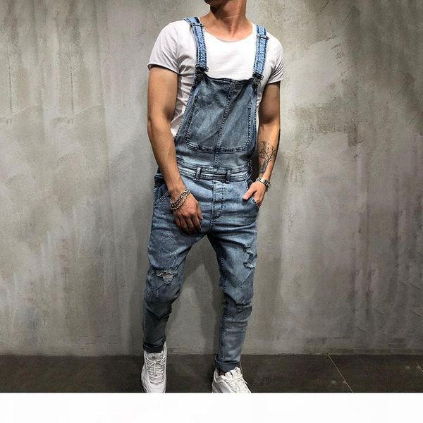 

2019 fashion mens ripped jeans jumpsuits street distressed hole denim bib overalls for man suspender pants size -xxl, Blue