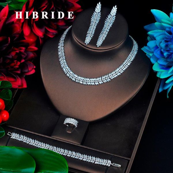 

hibride sparkling full cubic zircon ювелирные изделия установка листьев форма листья длинные кисточки гонкос ожерелье brincos ожерелье набор, Silver