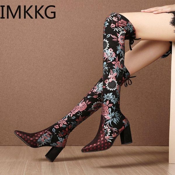 

women lace up high heel boots woman over the knee boots flowers thick heel long ladies slim thigh high black booties1