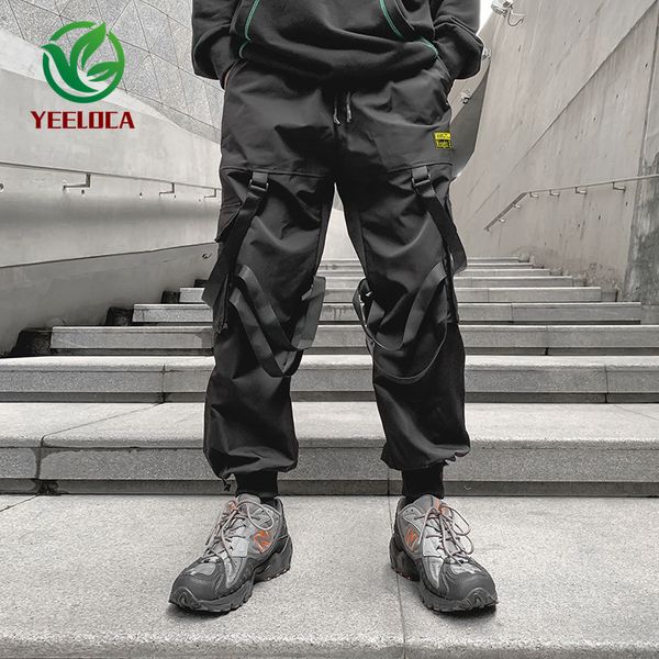 

hip-hop tactical pants feet solid color streamers casual loose trendy design overalls jogger trousers harem pants c1118, Black