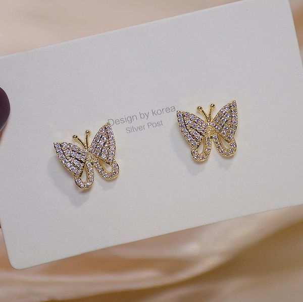

japanese&korea delicate jewelry 14k real gold zircon butterfly stud earrings for women luxury crystal earrings, Golden;silver
