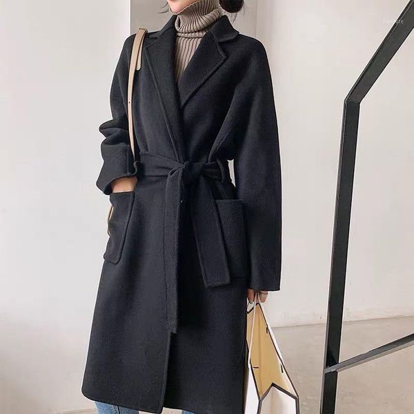 

2021 women winter elegant wool coat with belt elastic waist thick warm casaco feminino double-faced woolen long overcoat h81, Black