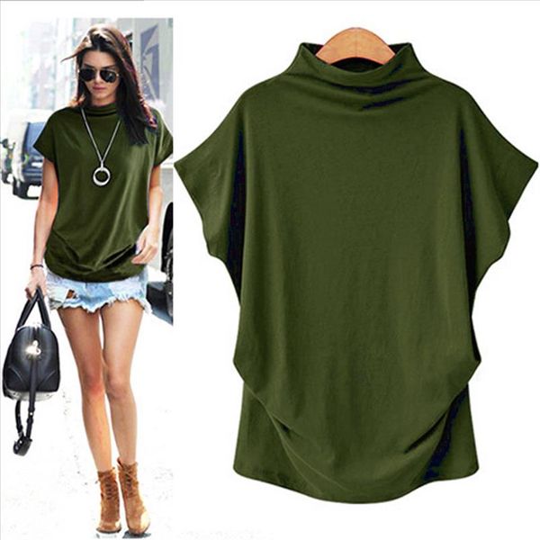

women plus size shirt summer tunics korean blouses summer casual turtleneck loose short sleeve solid shirts yj, White