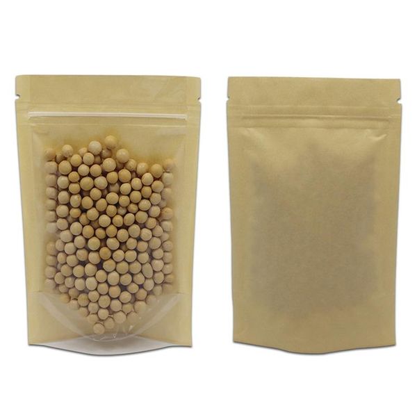 

100pcs/lot stand up clear brown self seal plastic kraft paper zip lock packaging bag heat sealing zipper bag for snack b wmtdbd