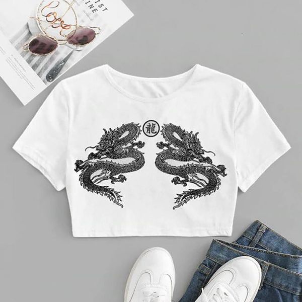 

black white chinese dragon women ladies print short sleeve blouse pullover vest tank crop shirts casual summer