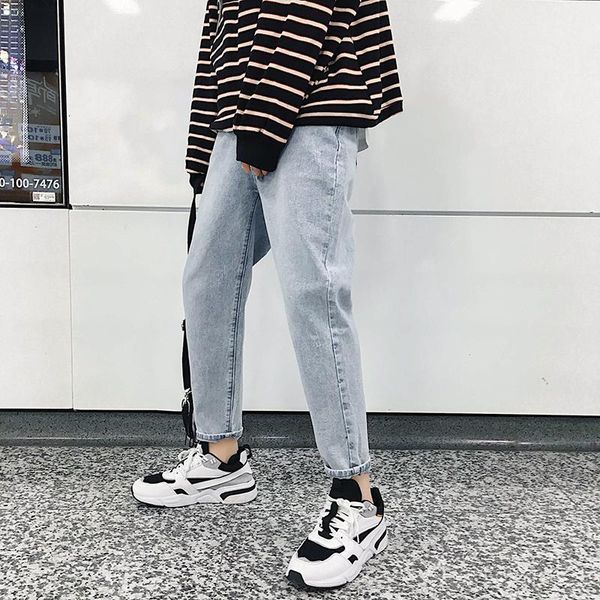 

2019 new large size winter simple popular men's loose version neutral casual solid color street feet nine points jeans1, Blue