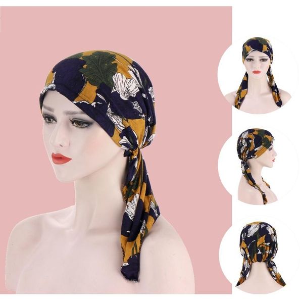 

ethnic clothing fashion moslem women hijabs printed long tail hat floral print turban for lady charming turbano chemotherapy cap - 6 colors, Red