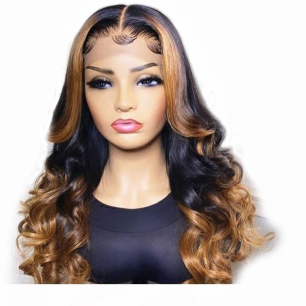 

highlight body wave human hair wigs ombre color brazilian remy hair lace wigs 150% pre-plucked 13*6 t lace wig bleached knots, Black;brown