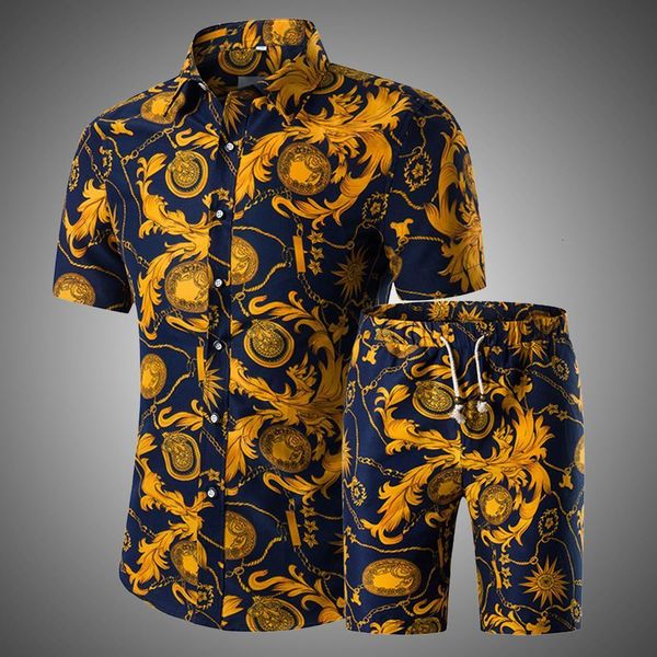 

summer men 2 piece set hawaiian shirt set casual male beach wear floral shirt and shorts man print shirt suit plus size, Gray
