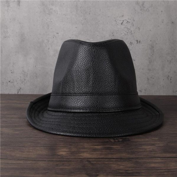 

balck leahter men fedora hat for dad leather jazzhat fashion gentleman flat bowler hat, Blue;gray