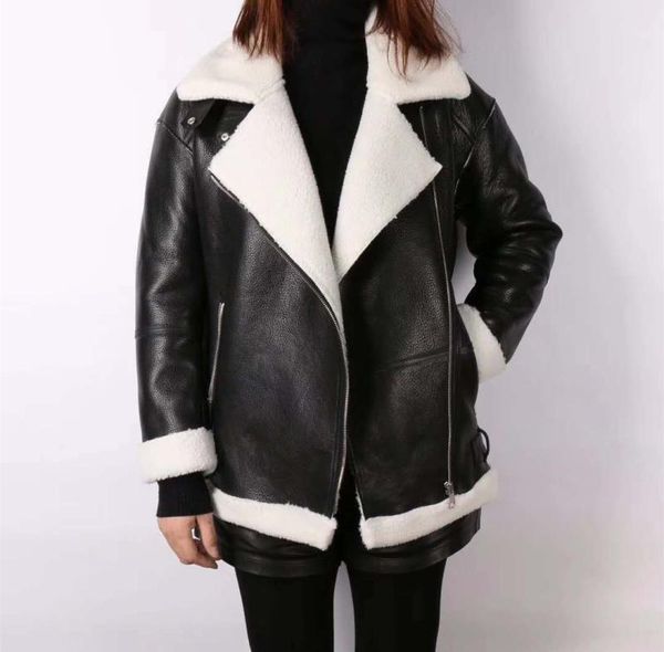 

women's leather & faux japanese oversized boyfriend-style genuine clothes warm coat, Black