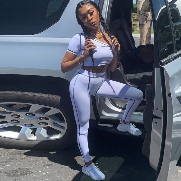 

tracksuit women 2 piece set women one-shoulder crop high waist leggings pants 2020 summer fashion streetwear sportswear, Gray