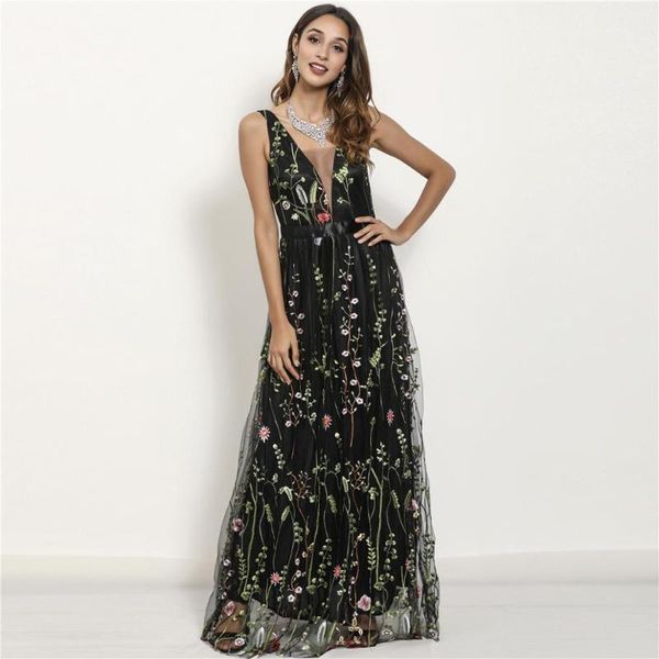 

chic a-line v neck backless party night formal print sleeveless back to school dance embroidery maix long dress1, Black;gray