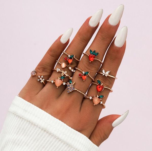 

new sweet fruit apple peach strawberry cherry butterfly snowflake personality fun ring 11 piece ring set, Golden;silver